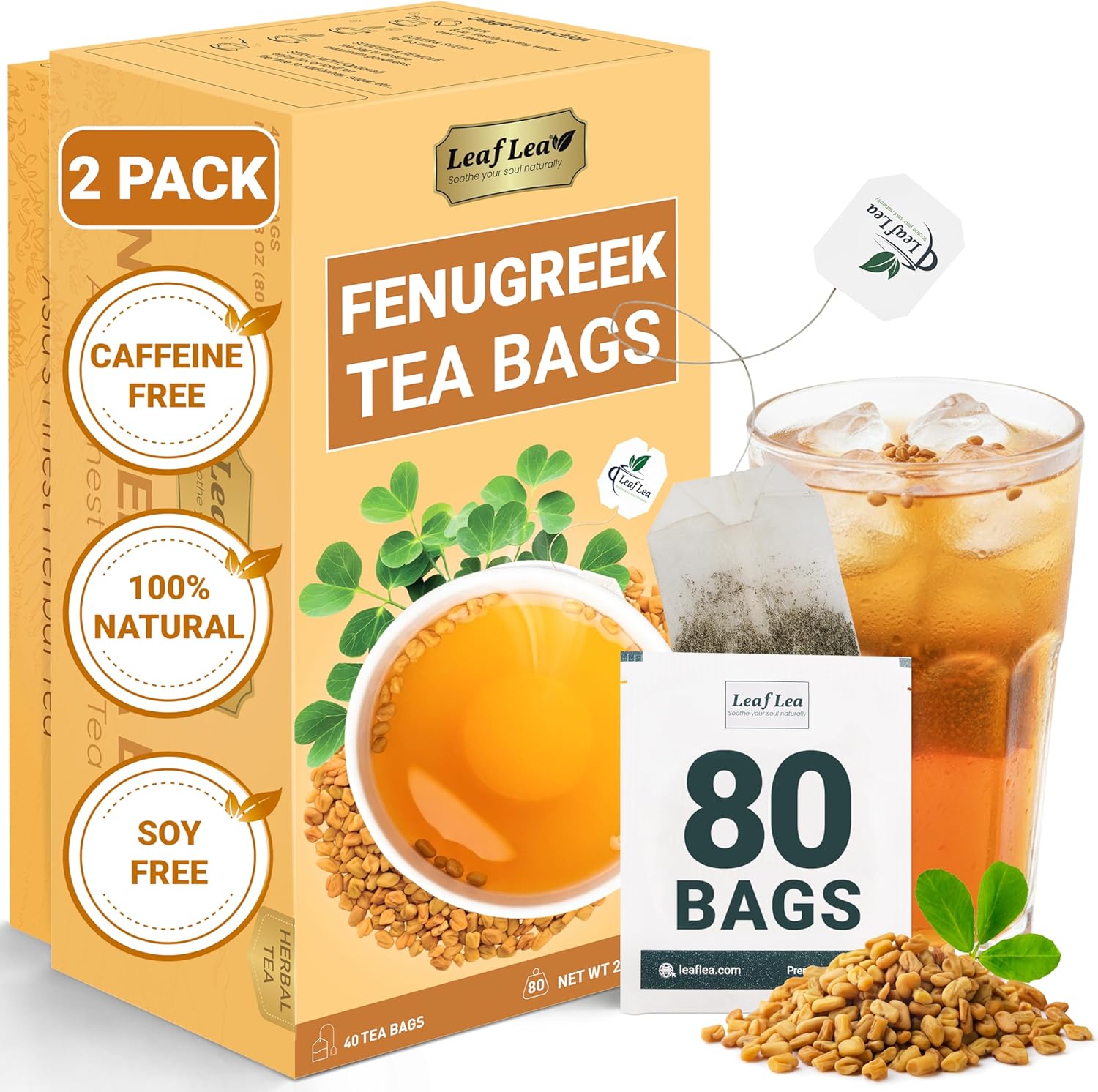 LeafLea 80 Premium Fenugreek Tea Bags, Natural Fenugreek Seed for Toasty Flavor & Sweet Aroma, Fenogreco Tea with Gentle Warmth, Caffeine-Free, Sugar-Free, Vegan, Individually Wrapped for Freshness