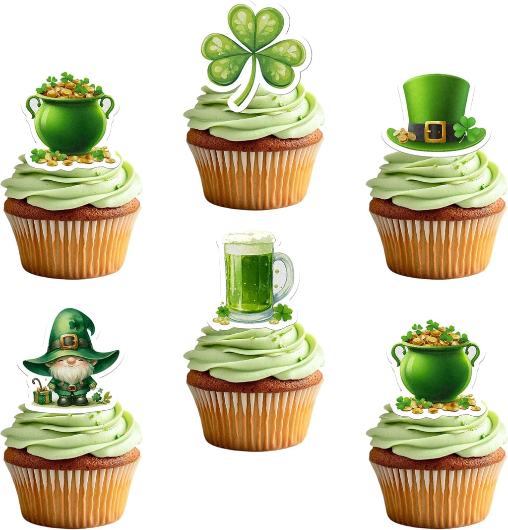 50 PCS Edible St. Patrick's Day Cake Toppers Wafer Paper Leprechaun Beer Shamrock Pot of Gold Cupcake Toppers Edible St. Patrick's Day Decorations for Irish Holiday Party Decor Supplies