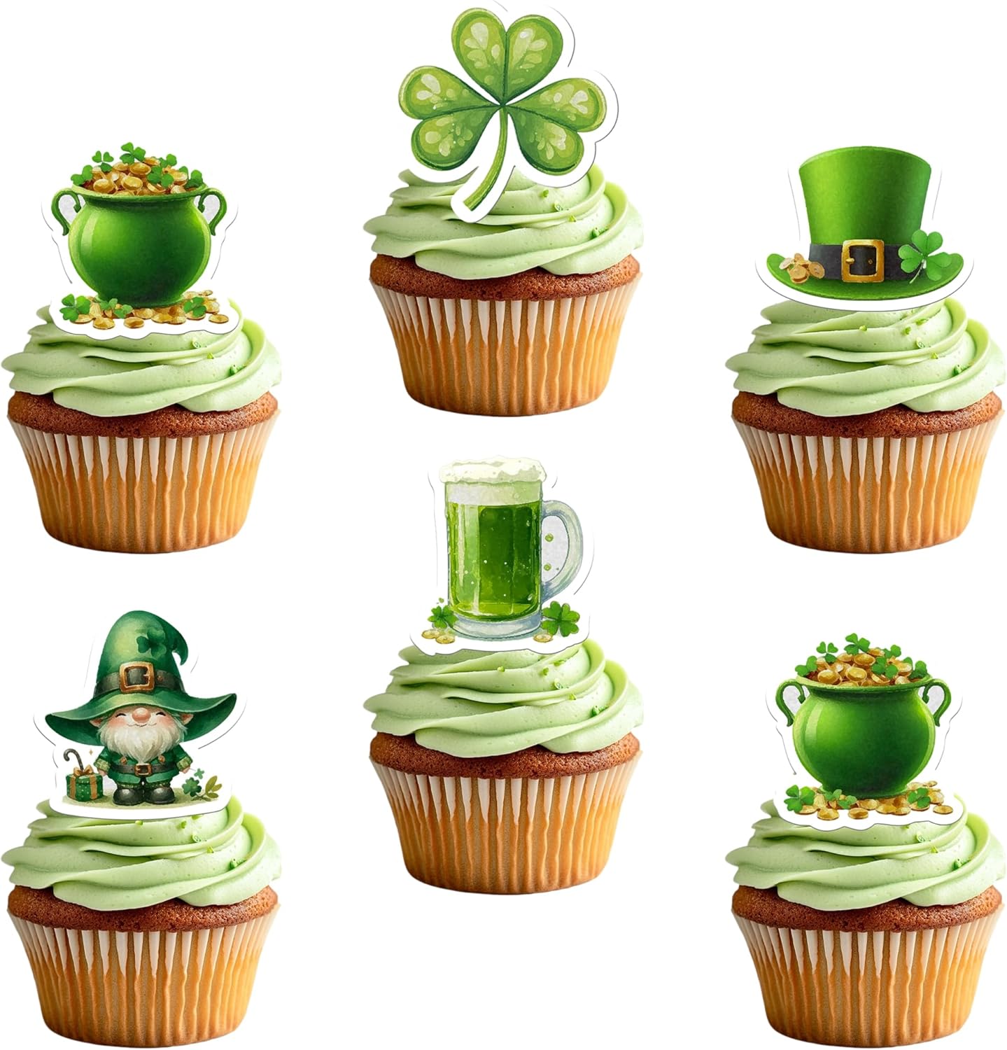 50 PCS Edible St. Patrick's Day Cake Toppers Wafer Paper Leprechaun Beer Shamrock Pot of Gold Cupcake Toppers Edible St. Patrick's Day Decorations for Irish Holiday Party Decor Supplies