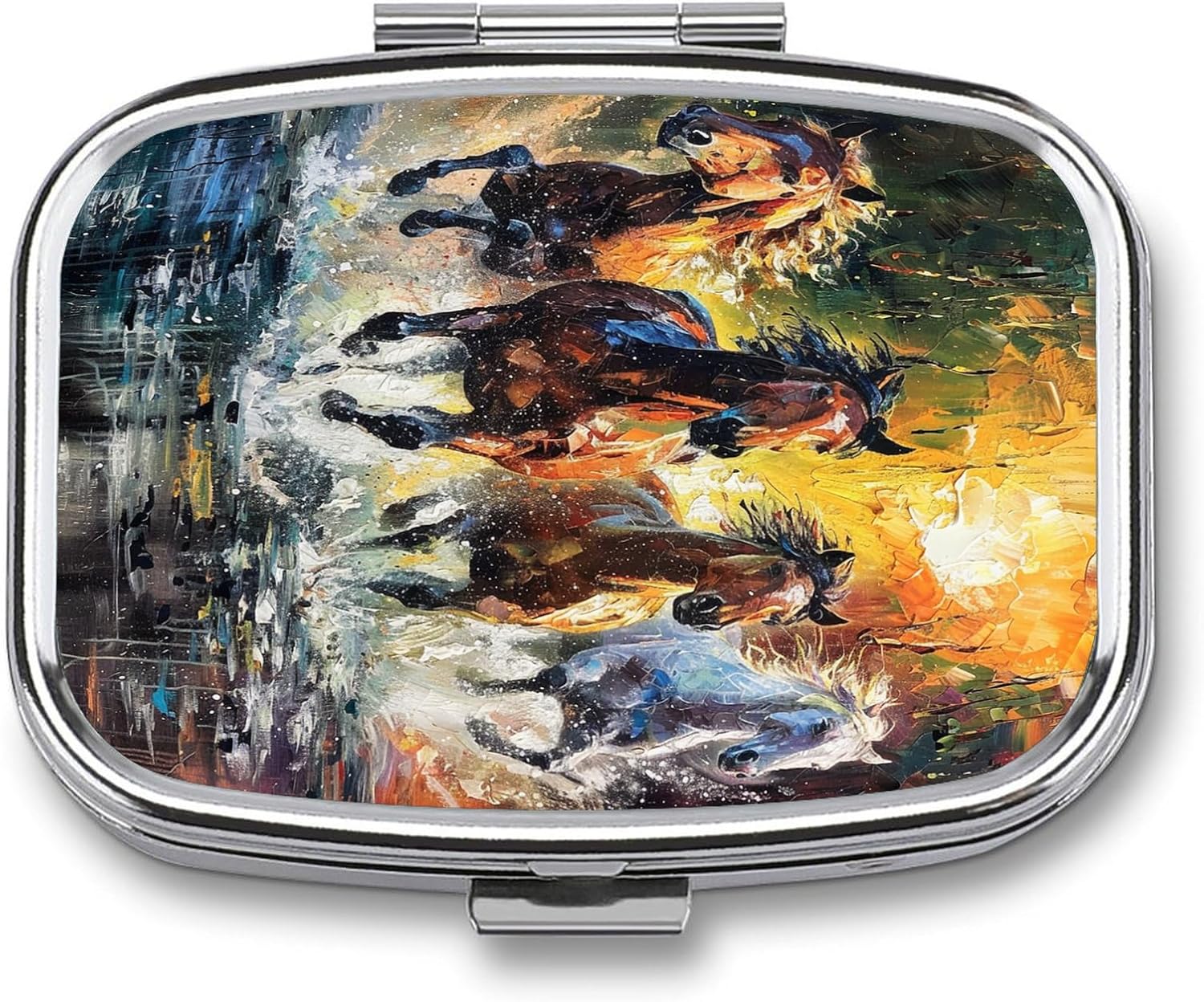 Metal 2 Compartment Pill Organizer Travel Friendly Portable Compact Pill Box,Cute Pill Case to Hold Vitamins,Fish Oil,Supplements,Meds,Tablet for Purse,Pocket (The Running Horse)