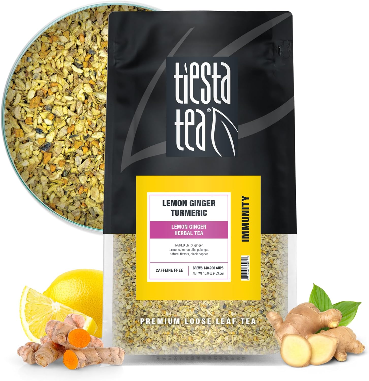 Tiesta Tea - Lemon Ginger Turmeric, Loose Leaf, Lemon Ginger Herbal Tea, Premium Non-Caffeinated Herbal Blend, Make Hot or Iced & Brews Up to 200 Cups, 16 Ounce Resealable Bulk Pouch