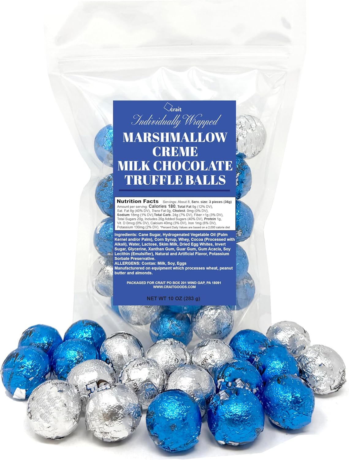 Marshmallow Chocolate Truffle Balls 10 Ounce, Individually Wrapped Blue & Silver Candy, Baby Shower Candy (About 33 Pieces)