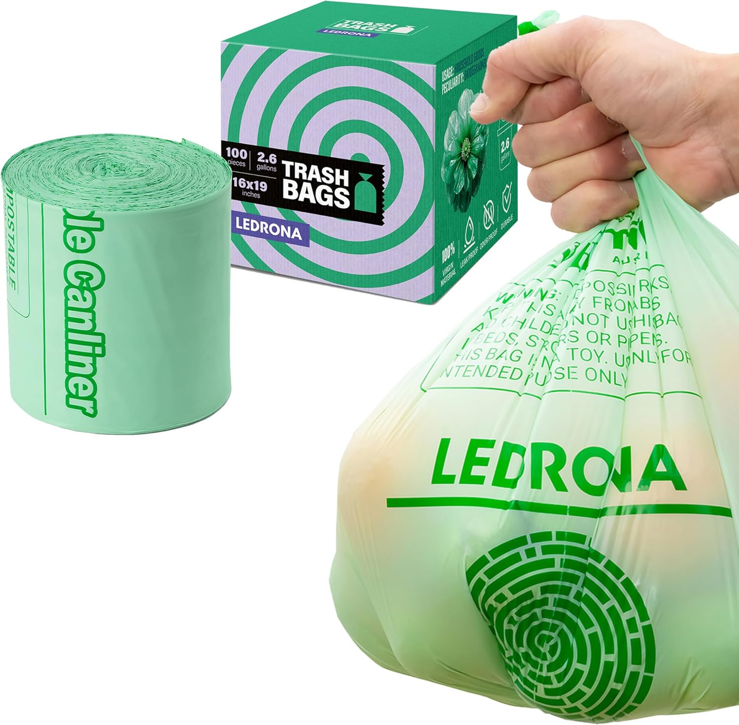 100 Compostable Trash Bags - 2.6 Gallon Garbage Bags for Kitchen Bin - Unscented, Leak Proof, Extra Strong - Disposable Food Waste Basket Liners - Certified by BPI & OK compost HOME by TÜV AUSTRIA