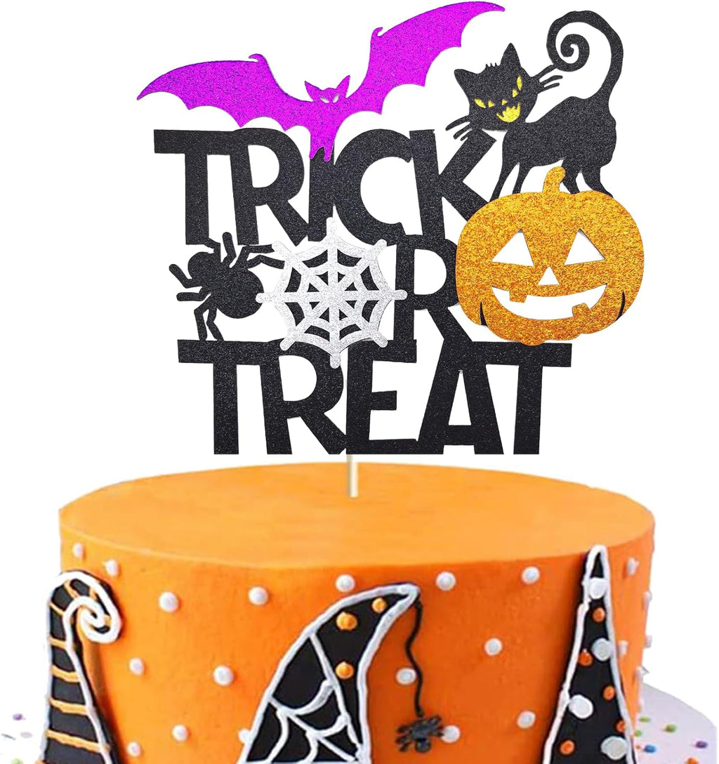 1Pcs Happy Halloween Cake Topper Black Glitter Trick or Treat Cake Topper Castle Witch Pumpkin Ghost Bat Halloween Cake Decorations Cake Pick for Halloween Birthday Baby Shower Party Supplies