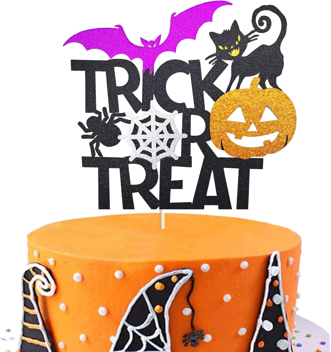 1Pcs Happy Halloween Cake Topper Black Glitter Trick or Treat Cake Topper Castle Witch Pumpkin Ghost Bat Halloween Cake Decorations Cake Pick for Halloween Birthday Baby Shower Party Supplies