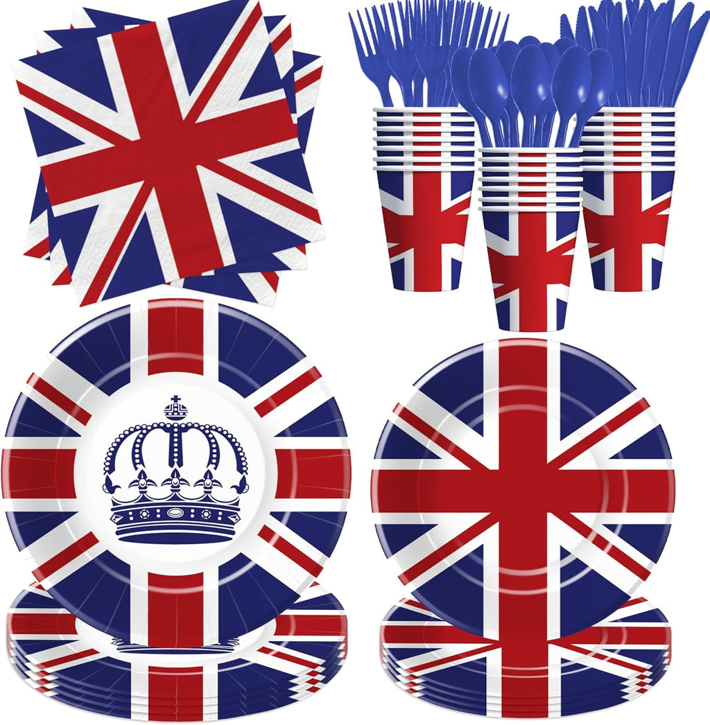Britain UK England Flag Paper Plates And Napkins Set, Disposable British Flag Birthday Party Decorations Tableware, Plate, Napkin, Cup, Cutlery, Union Jack Party Decorations Favors | 24 Guest