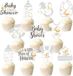 A Little piece of Heaven Baby Shower Cupcake Toppers White Heaven Theme Birthday Cake Decorations 48PCS Baby Bottle Bodysuit Cupcake Pick for Heaven Sent Moon Cloud Baby Shower Supplies
