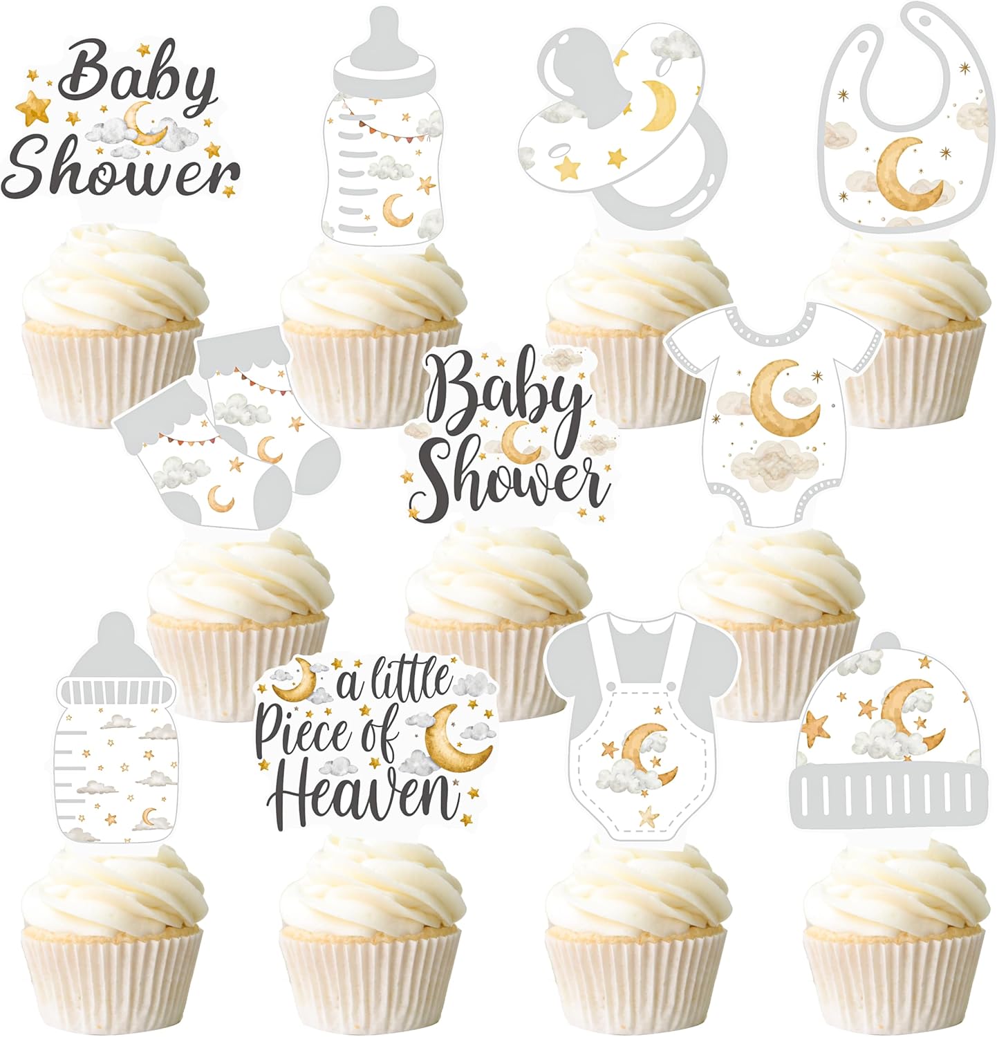 A Little piece of Heaven Baby Shower Cupcake Toppers White Heaven Theme Birthday Cake Decorations 48PCS Baby Bottle Bodysuit Cupcake Pick for Heaven Sent Moon Cloud Baby Shower Supplies