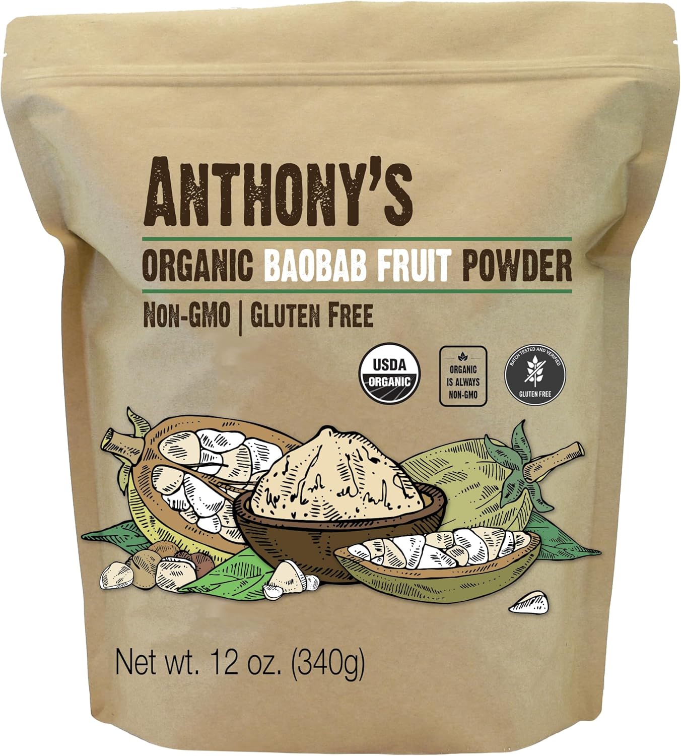 Anthony's Organic Baobab Fruit Powder, 12 oz, Gluten Free, Non GMO