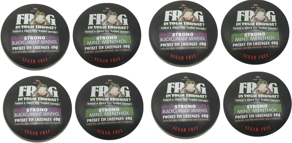 Simpkins Sugar Free Frog in Your Throat Strong Mint Menthol & Strong Blackcurrant Pocket tin Lozenges 8 x 40g TINS