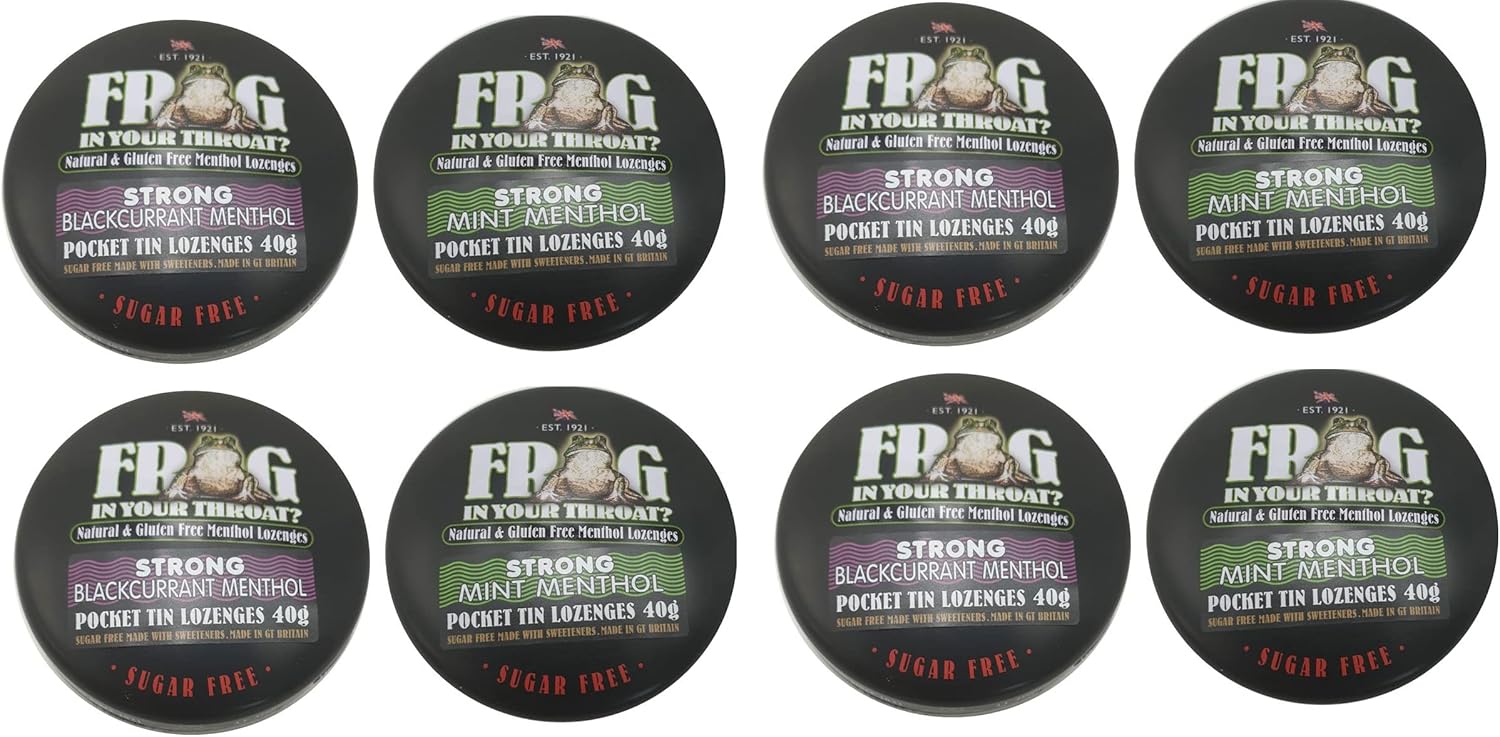 Simpkins Sugar Free Frog in Your Throat Strong Mint Menthol & Strong Blackcurrant Pocket tin Lozenges 8 x 40g TINS