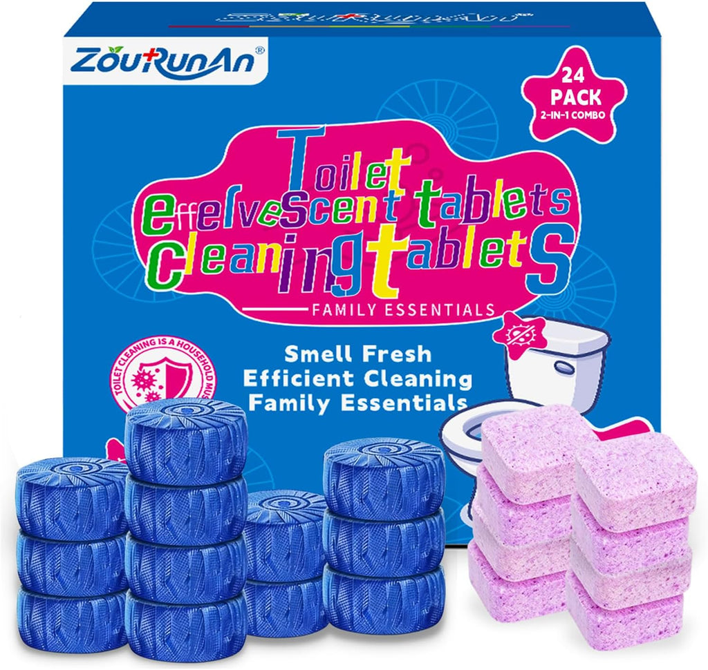 2-in-1 Toilet Cleaning Tablets (24 Pack) - 8 Effervescent Toilet Bowl Stain Remover and 16 Blue Toilet Tank Cleaner Tablets - Limescale Removal for Septic System