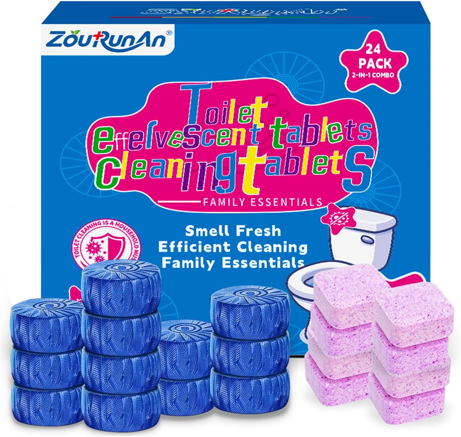 2-in-1 Toilet Cleaning Tablets (24 Pack) - 8 Effervescent Toilet Bowl Stain Remover and 16 Blue Toilet Tank Cleaner Tablets - Limescale Removal for Septic System