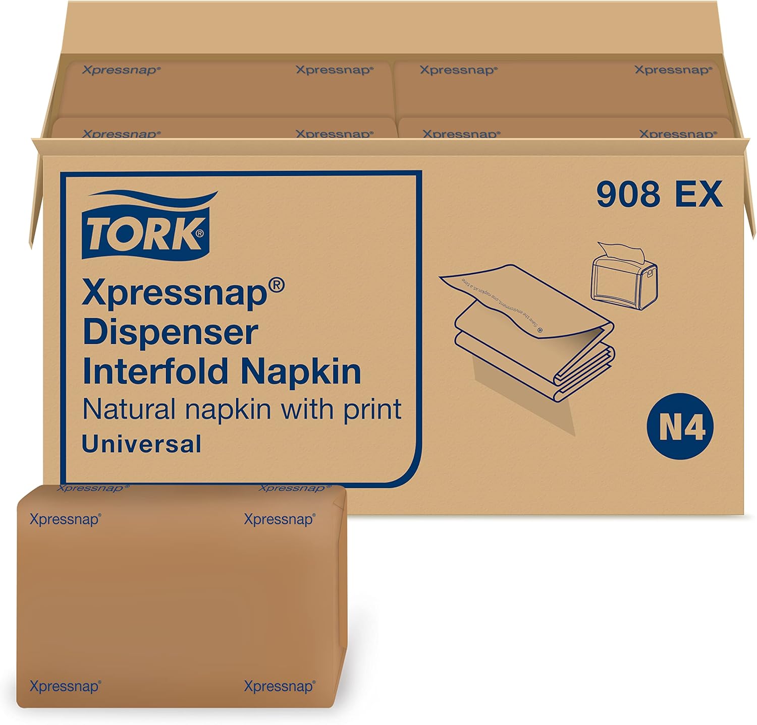 Tork Xpressnap Natural Environmental Print Dispenser Napkin N4, Recycled 1-ply, 8.5" x 13", 12 x 500 napkins, 908EX