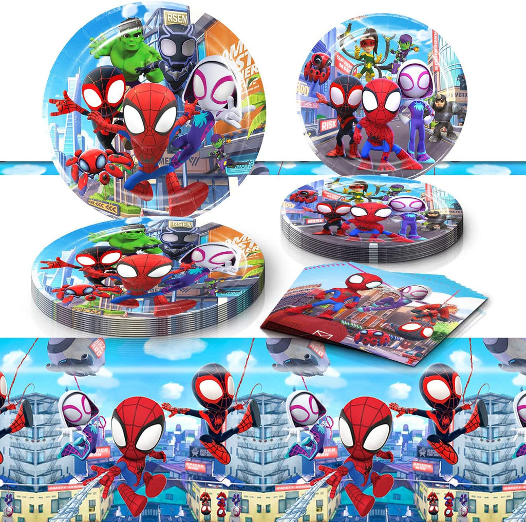 Spidey Birthday Decorations, 20 Plates, 20 Napkins and 1 Tablecover for Spidey Birthday Party Supplies, Spidey Theme Party Decorations