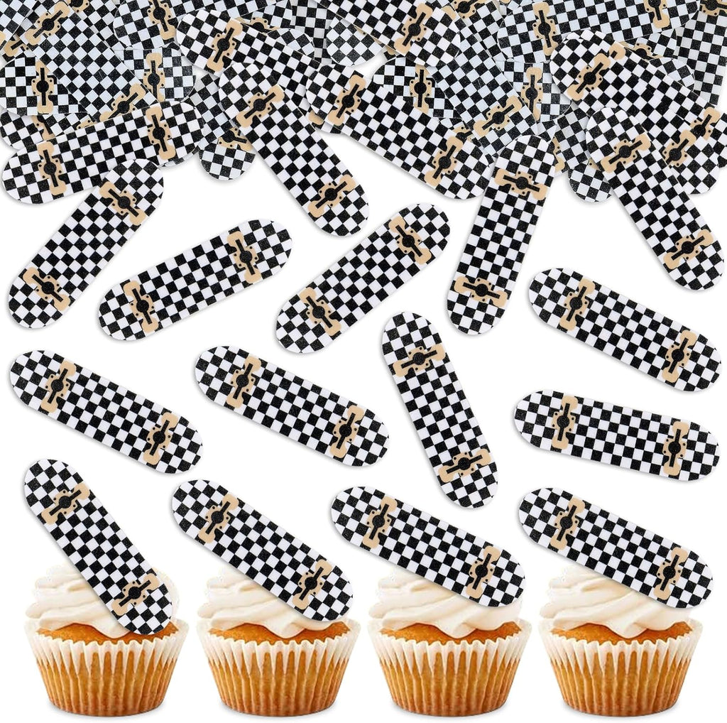 48Pcs Edible Skateboard Cupcake Toppers Checkered Kick Scooter Cupcake Picks for Skateboarding Boys Girls Birthday Cupcake Decorations Skateboard Sport Player Party Decorations