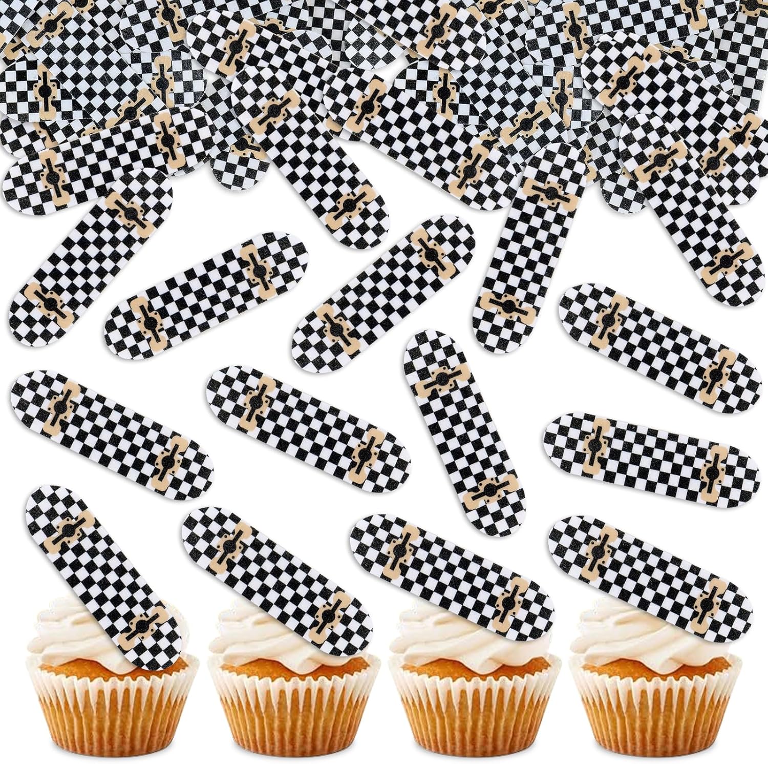 48Pcs Edible Skateboard Cupcake Toppers Checkered Kick Scooter Cupcake Picks for Skateboarding Boys Girls Birthday Cupcake Decorations Skateboard Sport Player Party Decorations