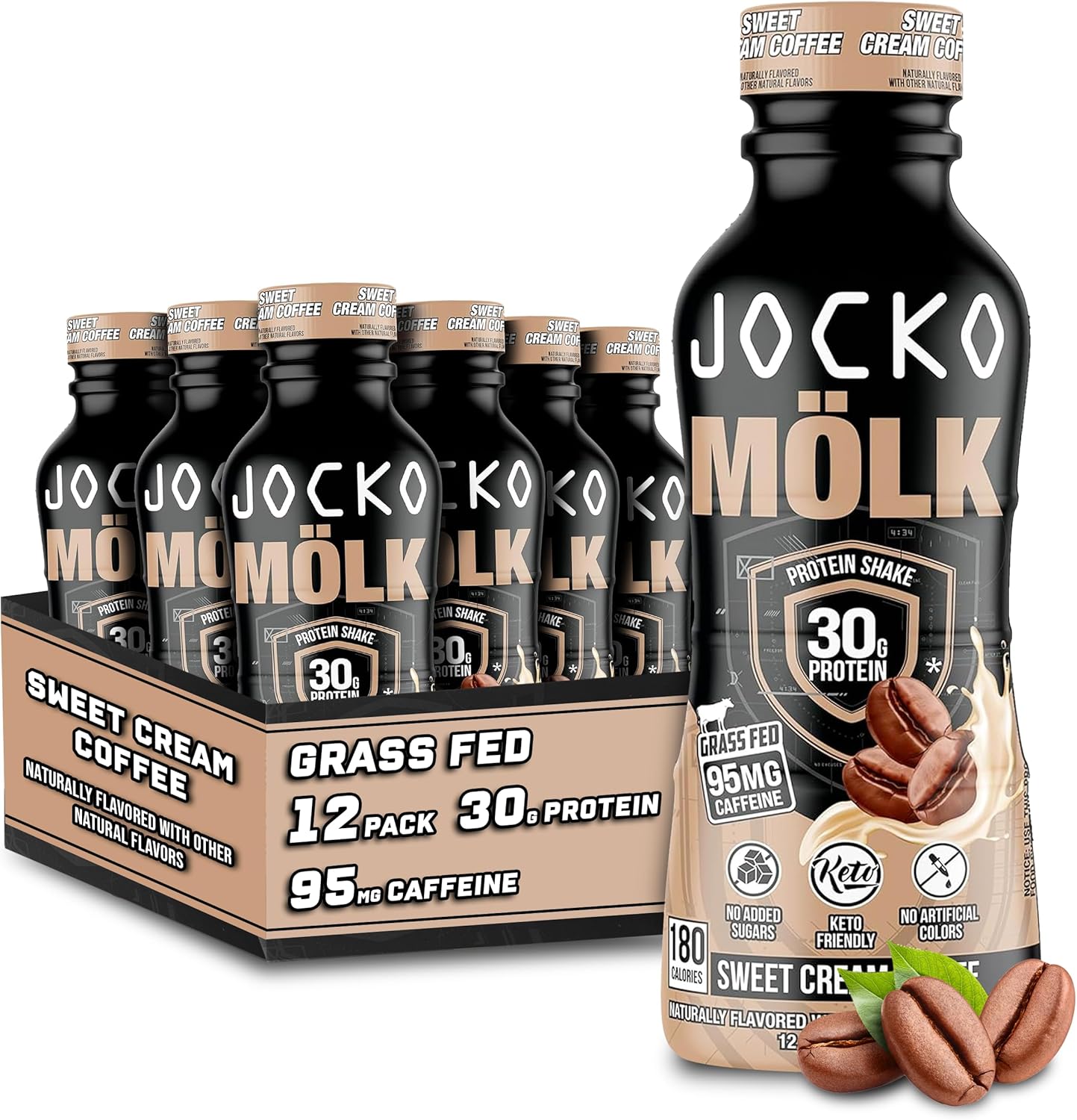 Jocko Fuel Mölk 30g Grass Fed Protein Shakes - No Added Sugar Protein Drinks KETO Friendly - Ready to Drink 12 FL Oz (Pack of 12) Sweet Cream Coffee