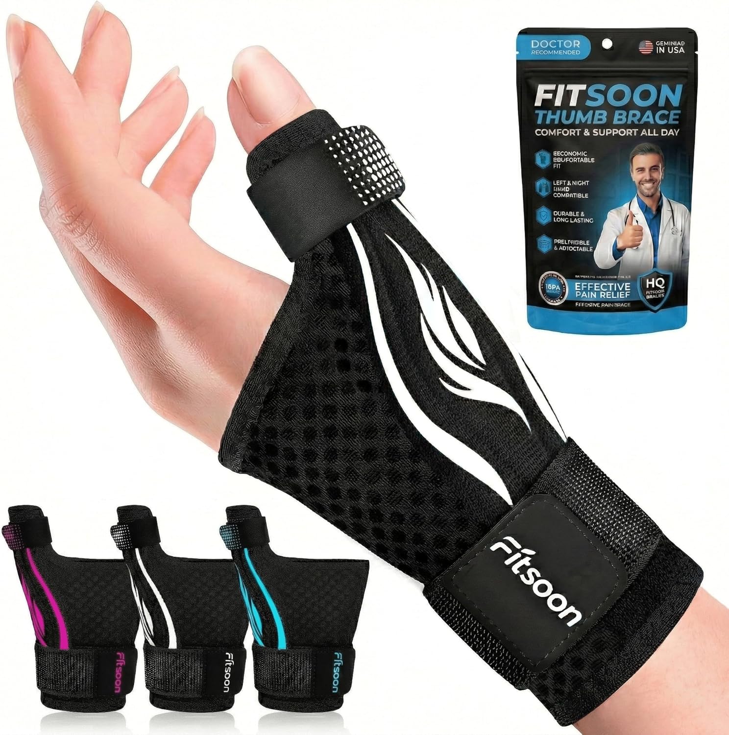 Thumb Wrist Brace | Upgraded Thumb Spica Splint Stabilizer Pain Relief Night Support for De Quervain’ s Tenosynovitis Trigger Finger Arthritis Sprains | Breathable Fabric (Classic White/Black, S/M - Fit both hands)