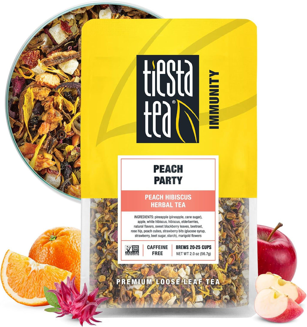 Tiesta Tea - Peach Party, Loose Leaf, Peach Hibiscus Herbal Brew, Premium Blend, Non-Caffeinated Fruit Blend, Makes Hot or Iced & Up to 25 Cups, 2oz Resealable Pouch
