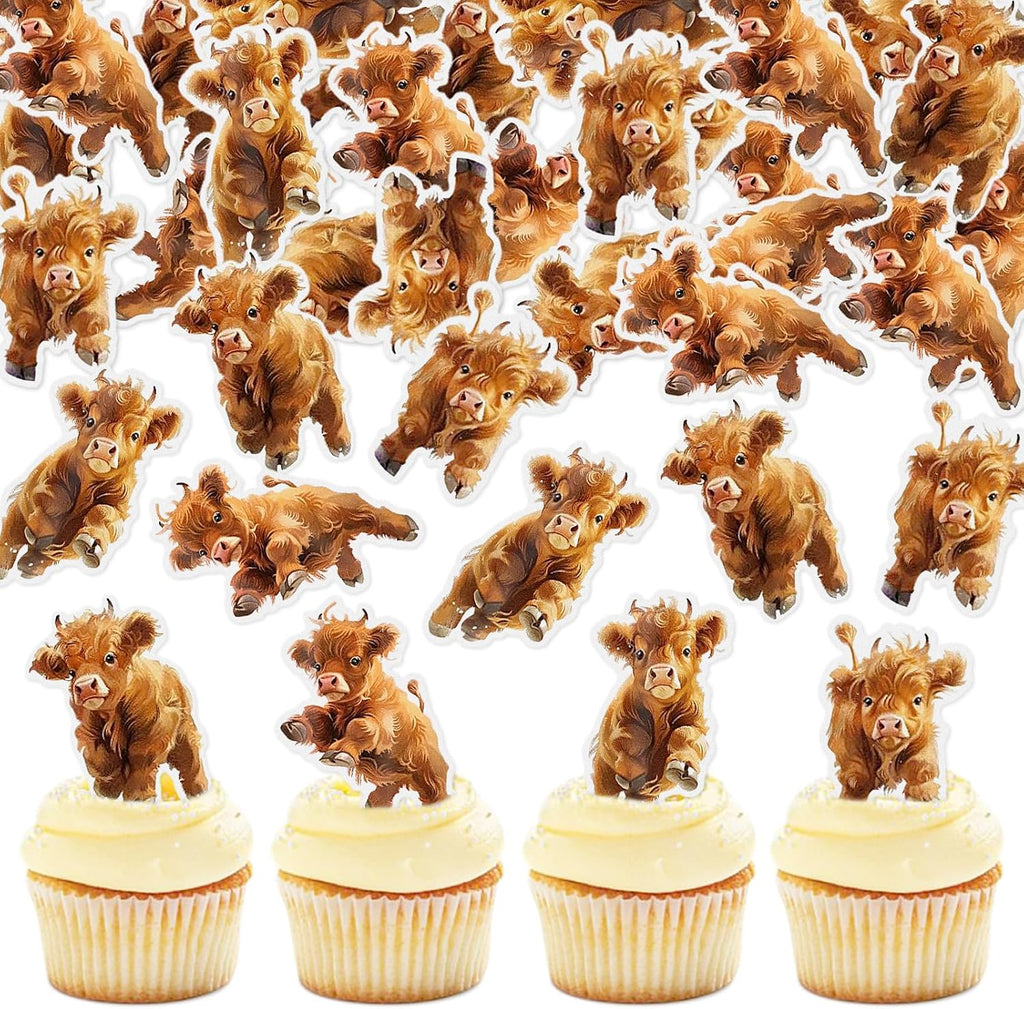 40Pcs Edible Highland Cow Cupcake Toppers Cute Highland Cow Baby Cupcake Picks for Cows Birthday Baby Shower Drink Topper Highland Cow Farm Birthday Cake Decorations