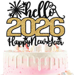 Hello 2026 Happy New Year Cake Topper, Farewell 2025 Hello 2026, Happy New Year's Eve Party Decoration Supplies, Black and Gold Glitter
