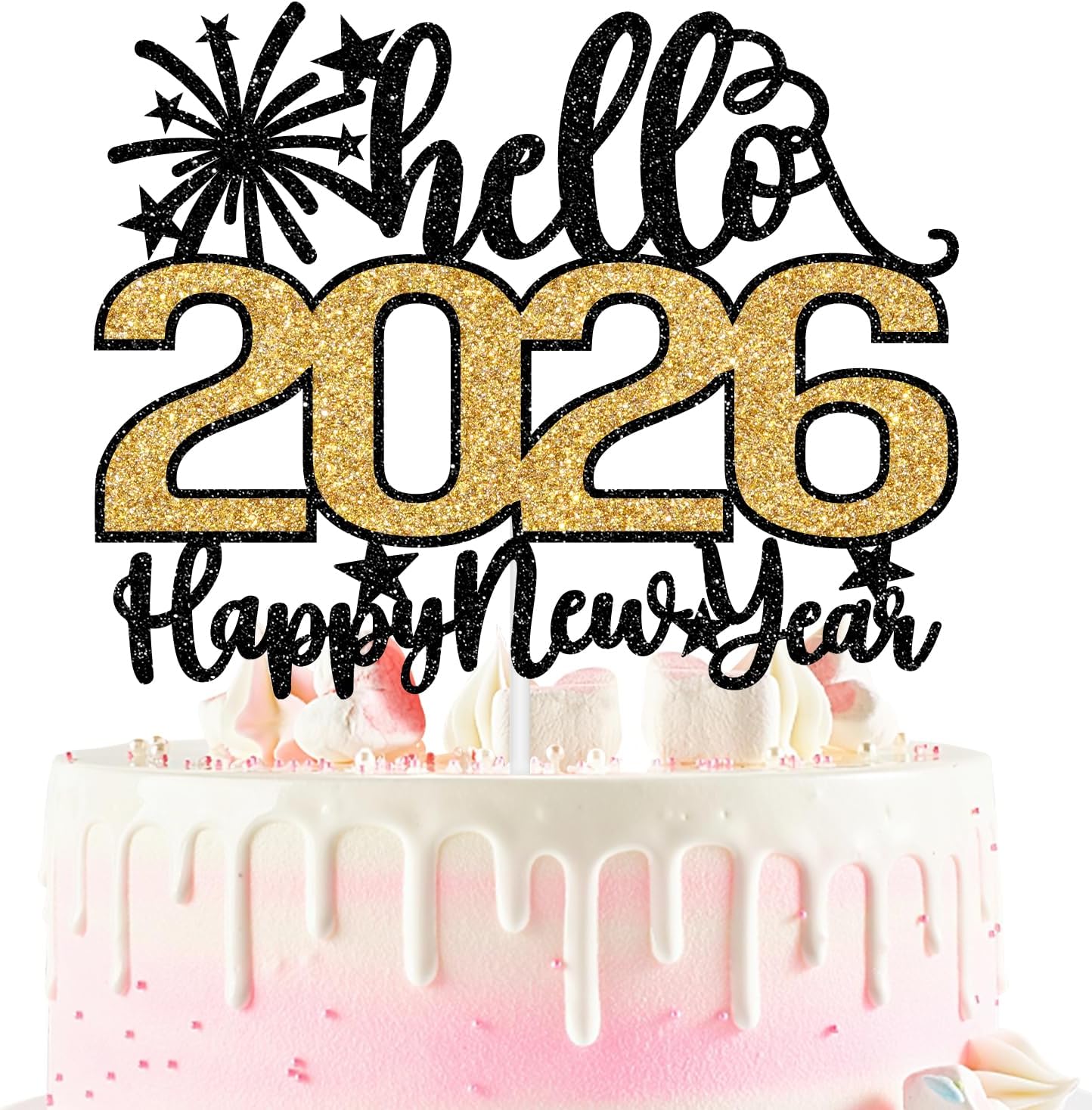 Hello 2026 Happy New Year Cake Topper, Farewell 2025 Hello 2026, Happy New Year's Eve Party Decoration Supplies, Black and Gold Glitter