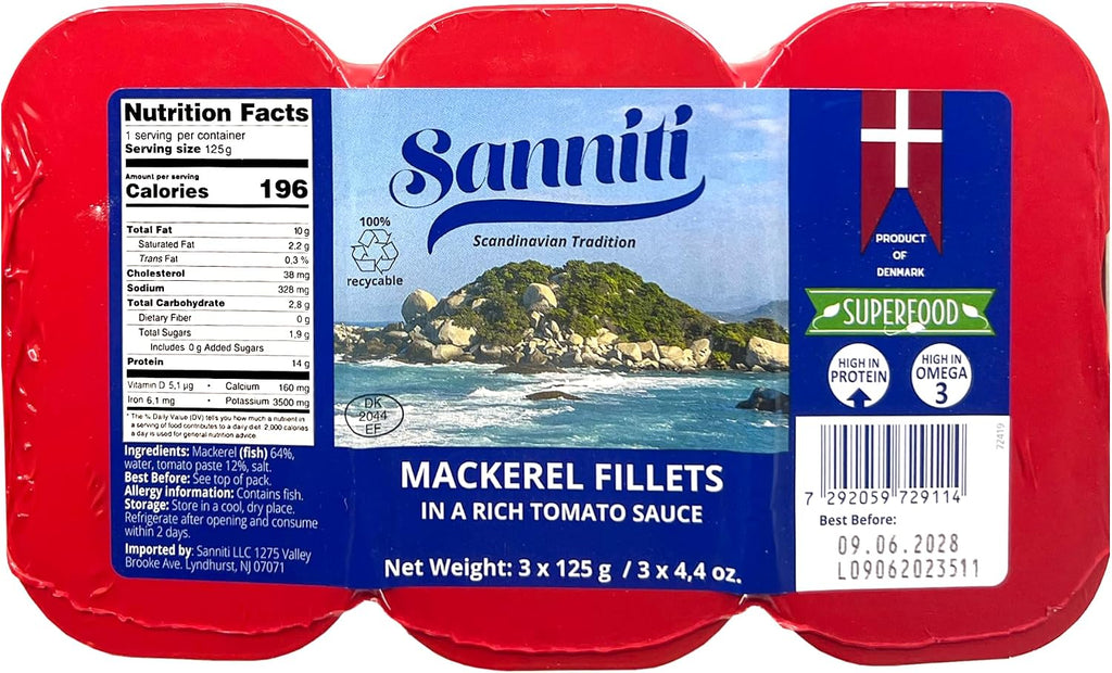 Sanniti Mackerel Fillets in a Rich Tomato Sauce | Super Food | High in Protein | High in Omega 3, 4.4 oz (Pack of 3)