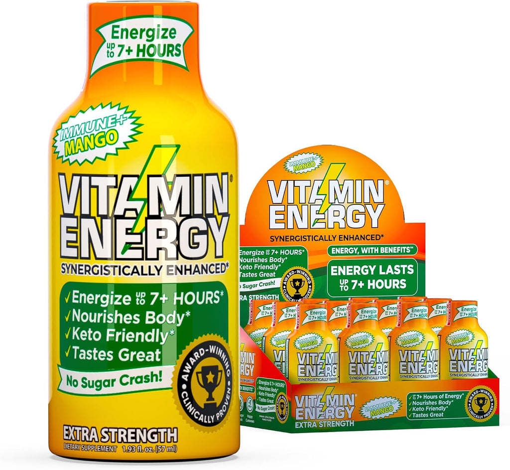Vitamin Energy Immune+ Extra Strength Energy Shot Mango 12 Pack, 260mg Natural Caffeine, B-Vitamins, Citicoline, Green Tea, Immunity & Focus Support, Zero Sugar, Gluten-Free 1.93 fl oz