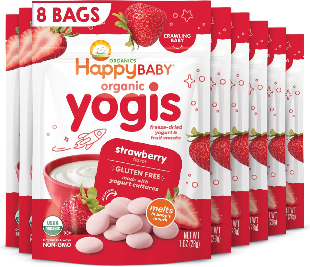 Happy Baby Organics Yogis Freeze-Dried Yogurt & Fruit Snack, Strawberry, 1 Ounce (Pack of 8) packaging may vary