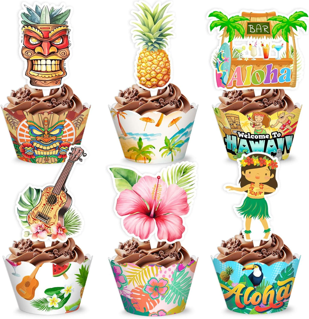 48PCS Hawaiian Themed Birthday Party Decorations | 24PCS Cupcake Toppers & 24PCS Cupcake Wrappers Party Favors Supplies Luau Hawaii Aloha Centerpiece Table Gifts for Boys Girls Carnival Prizes