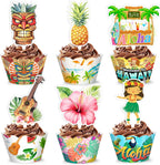 48PCS Hawaiian Themed Birthday Party Decorations | 24PCS Cupcake Toppers & 24PCS Cupcake Wrappers Party Favors Supplies Luau Hawaii Aloha Centerpiece Table Gifts for Boys Girls Carnival Prizes