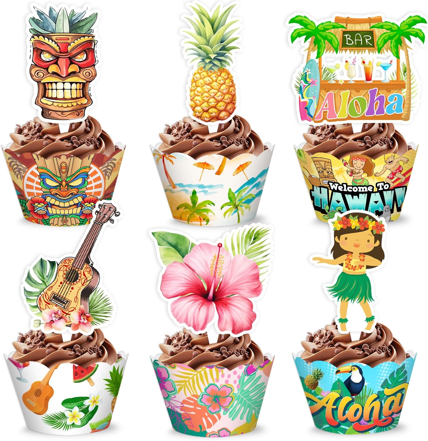 48PCS Hawaiian Themed Birthday Party Decorations | 24PCS Cupcake Toppers & 24PCS Cupcake Wrappers Party Favors Supplies Luau Hawaii Aloha Centerpiece Table Gifts for Boys Girls Carnival Prizes