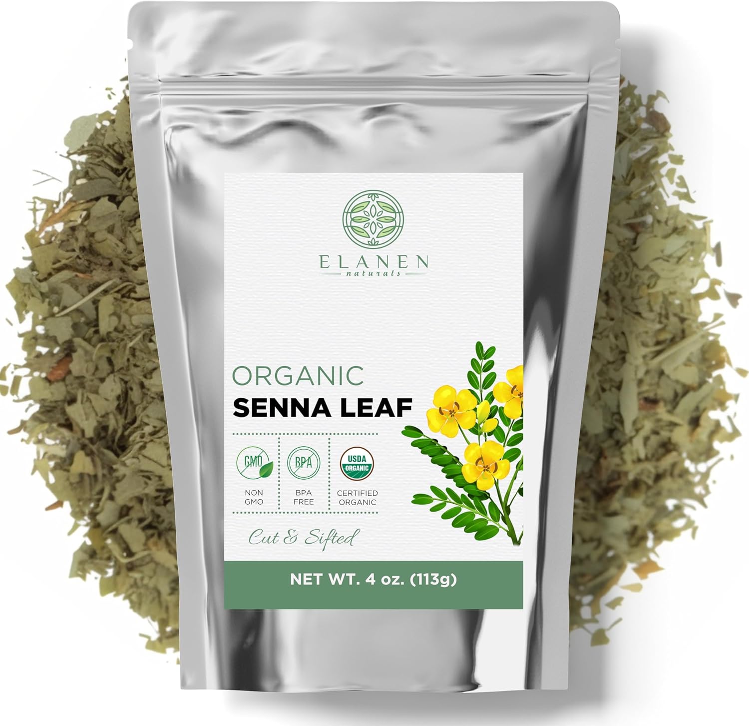 Elanen Naturals Organic Senna Leaf 4 oz. (113g), USDA Certified Organic Senna Tea Leaves, Alexandrina Herb, Folium Sennae, Sene, Hoja de Sen, Seena Leaf, Cut & Sifted