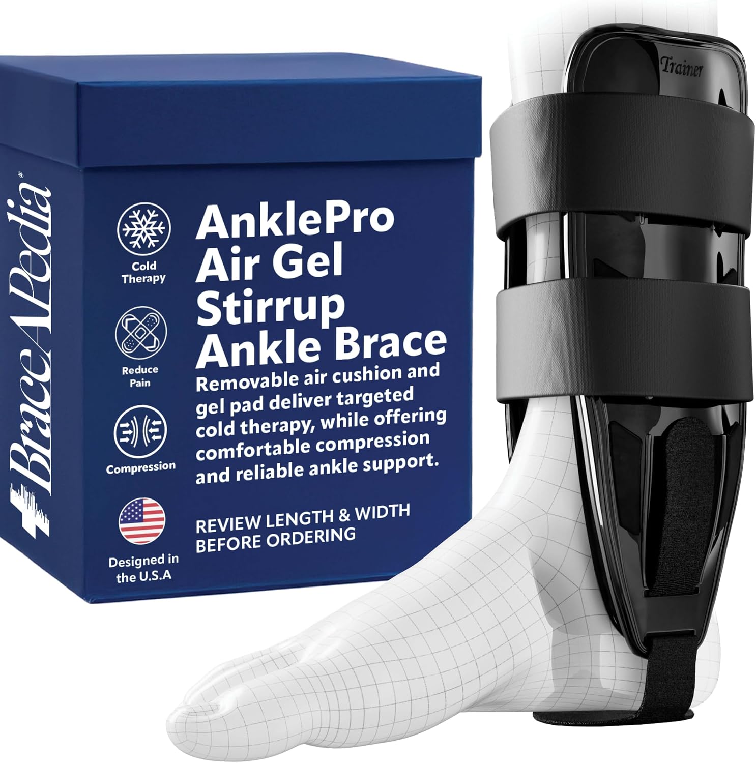 AnklePro Air Gel Stirrup Ankle Brace, Hard Core Side Stabilizer With Removable Cold Therapy Air Cushion & Gel Pad for Ankles, Ankle Brace for Women and Men, Ankle Support, Regular, Black