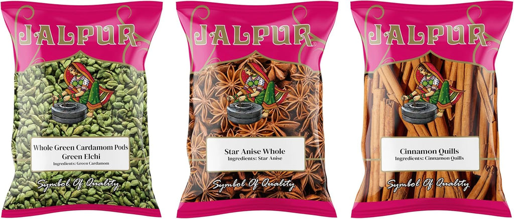 Jalpur Millers Spice Combo Pack - Green Cardamom Pods 50g - Star Anise 100g - Cinnamon Quills 100g (3 Pack)