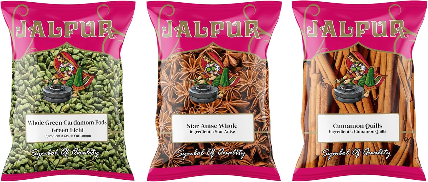 Jalpur Millers Spice Combo Pack - Green Cardamom Pods 50g - Star Anise 100g - Cinnamon Quills 100g (3 Pack)