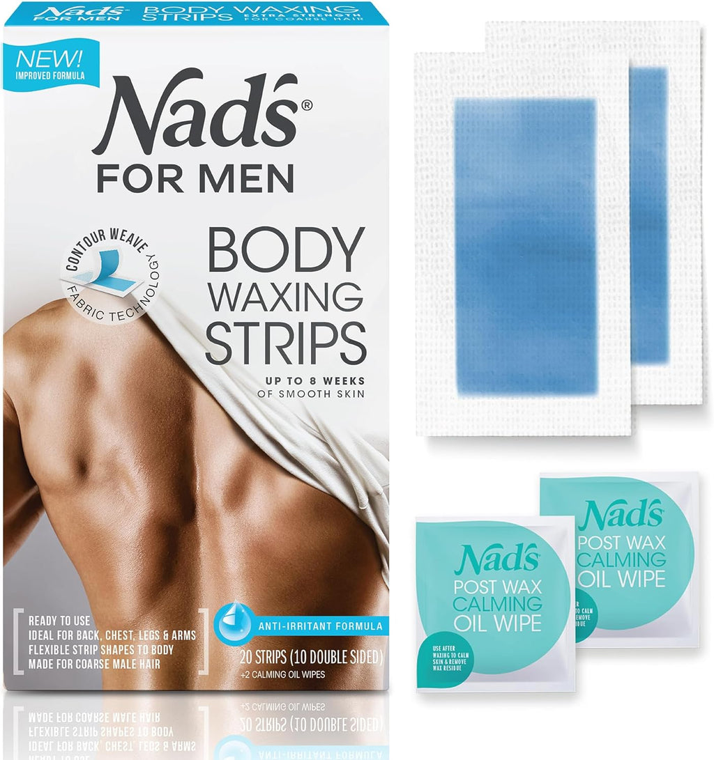 Nad's For Men Body Wax Strips - Wax Hair Removal For Men - At Home Waxing Kit With Waxing Strips + 2 Calming Oil Wipes, 20 Count (Pack of 1)