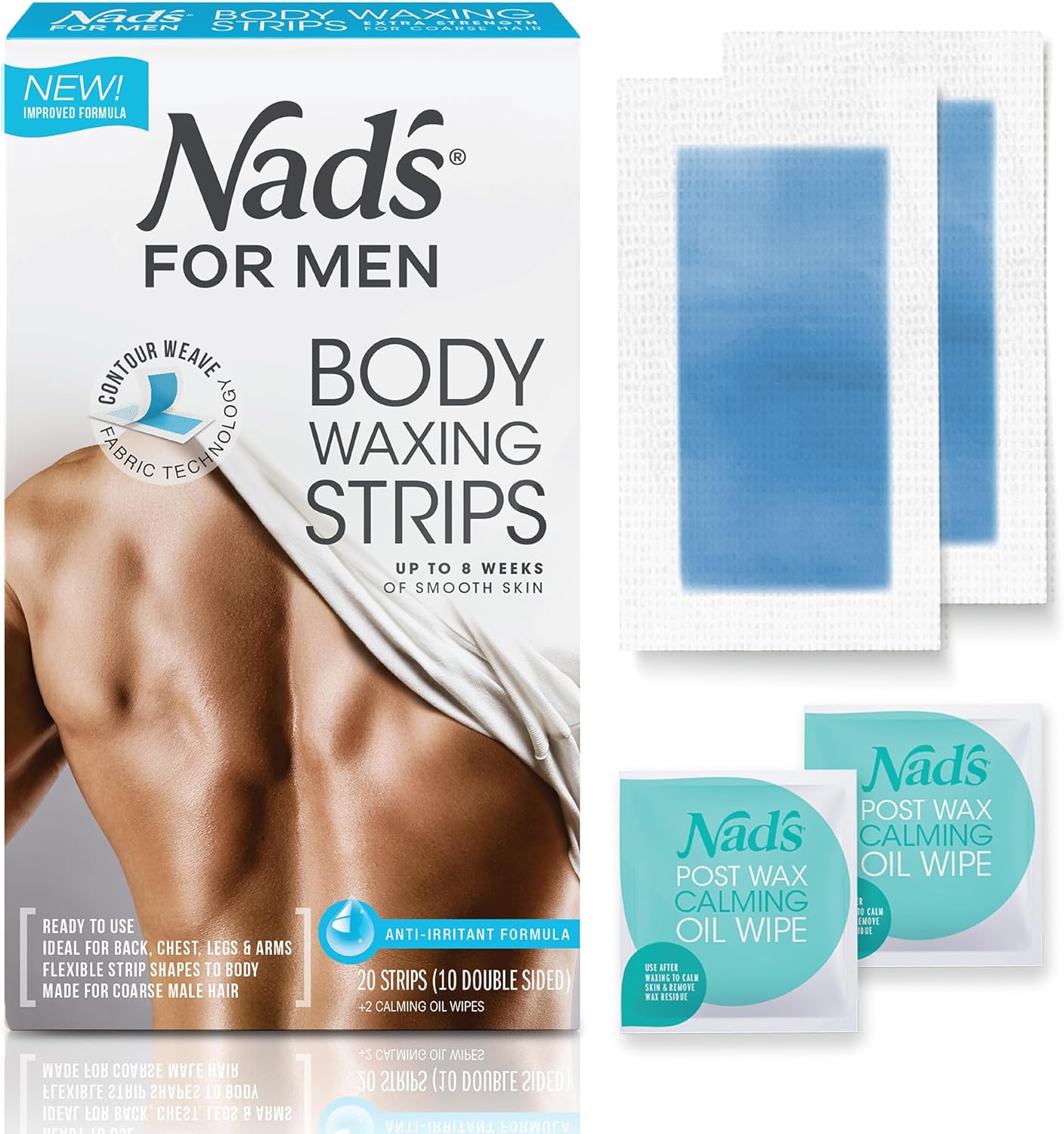 Nad's For Men Body Wax Strips - Wax Hair Removal For Men - At Home Waxing Kit With Waxing Strips + 2 Calming Oil Wipes, 20 Count (Pack of 1)