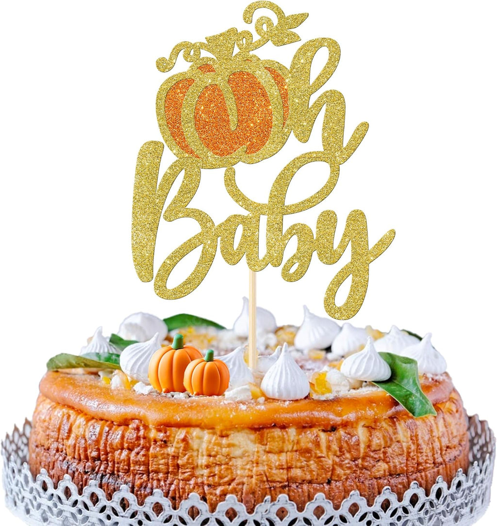 1 Pack Oh Baby Pumpkin Cake Topper Glitter Fall Harvest Cake Pick for Autumn Theme Party Thanksgiving Baby Shower Kids Birthday Party Cake Decoration Supplies Orange