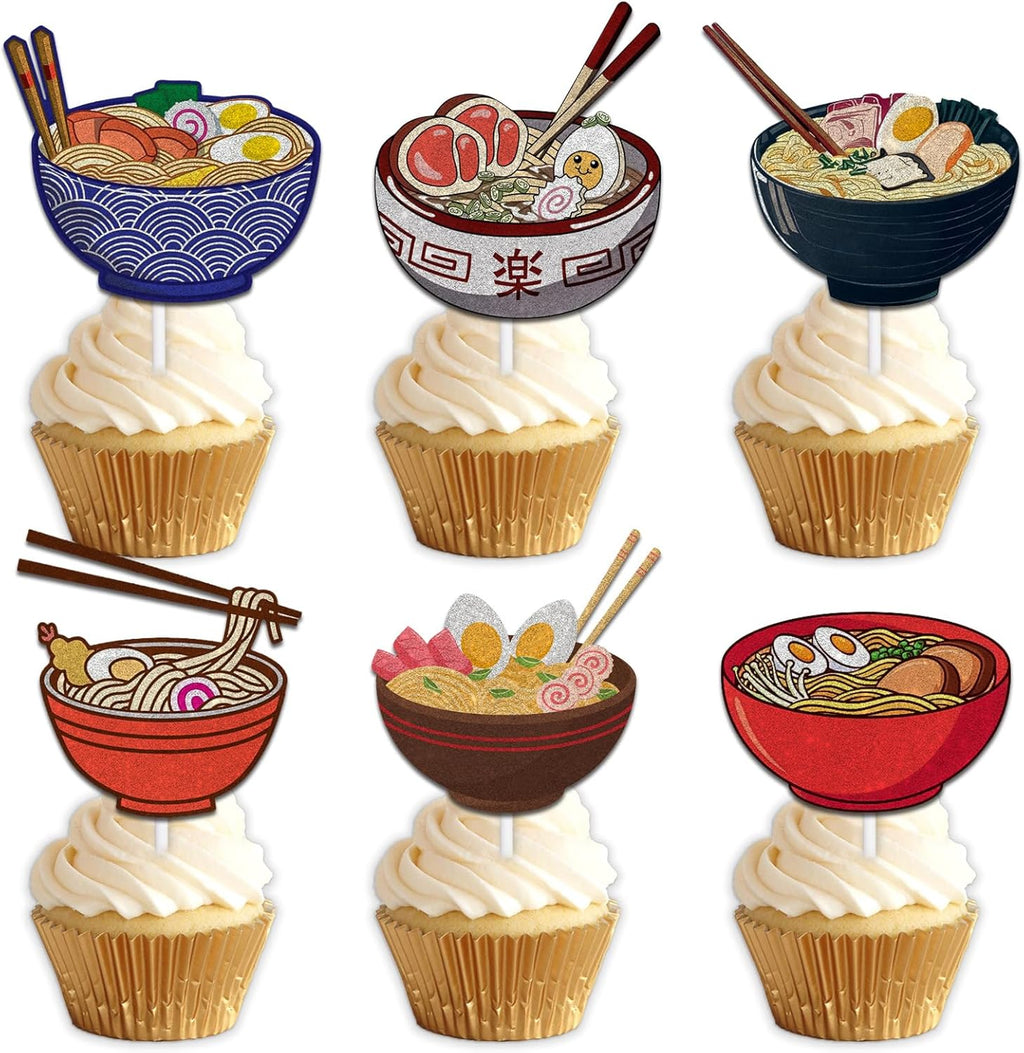 18pcs Glitter Dessert Cupcake Topper Pick for Japanese Food Noodle Theme Decor Supplies Baby Shower Men Woman Happy Birthday Party Decorations