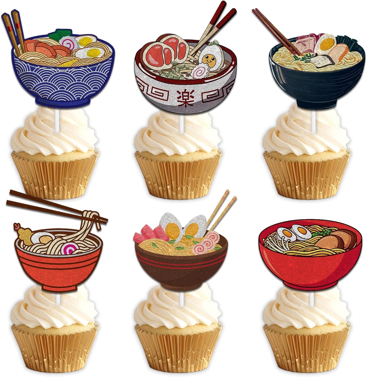 18pcs Glitter Dessert Cupcake Topper Pick for Japanese Food Noodle Theme Decor Supplies Baby Shower Men Woman Happy Birthday Party Decorations