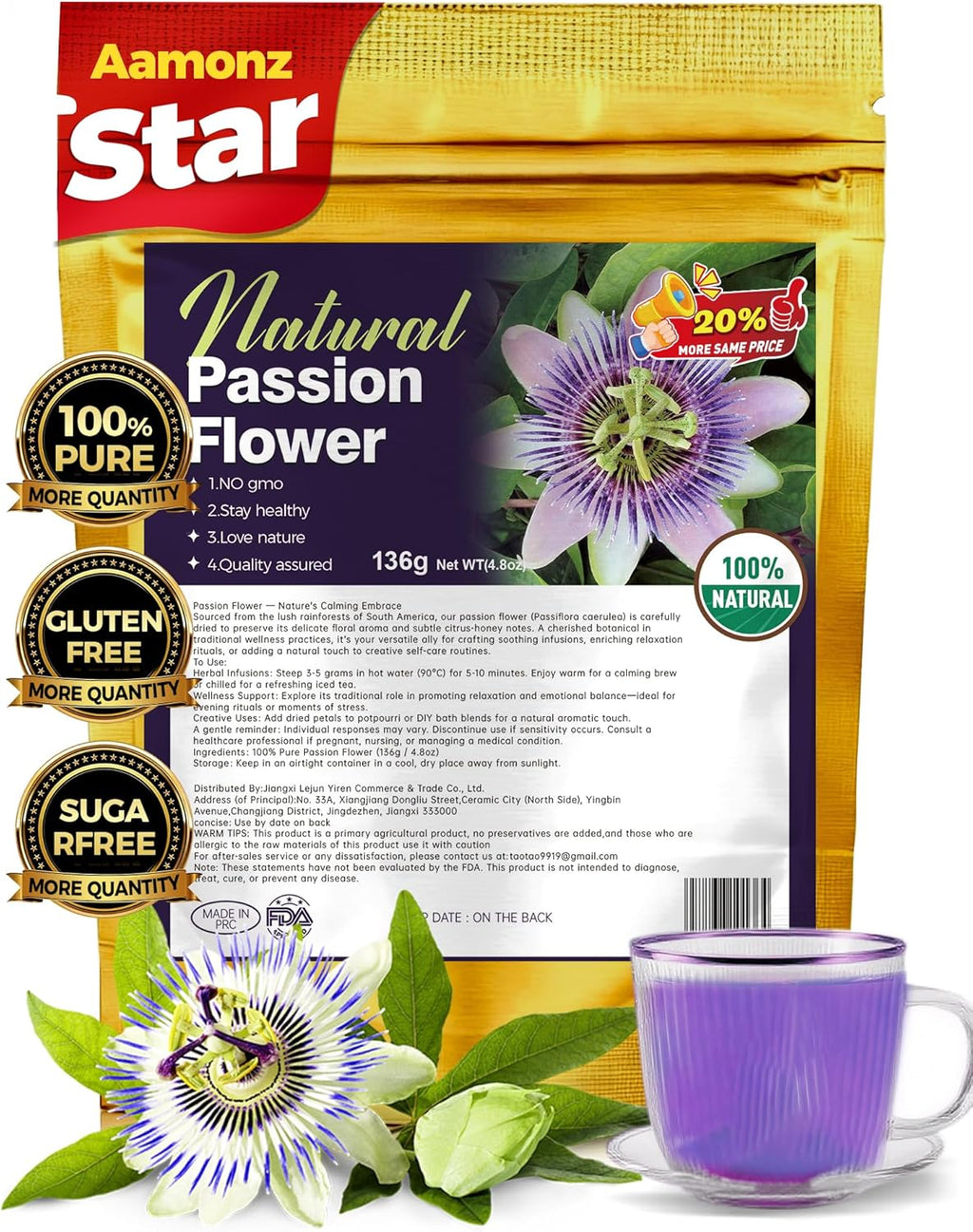 WOTIHA Passion Flower Herb (4.8 oz Bonus Size) - Pure Dried Passion Flower Leaf Cut & Sifted - Natural Passiflora Incarnata for Restful Nighttime & Calm - Non-GMO Loose Leaf Tea - Premium Bulk Value