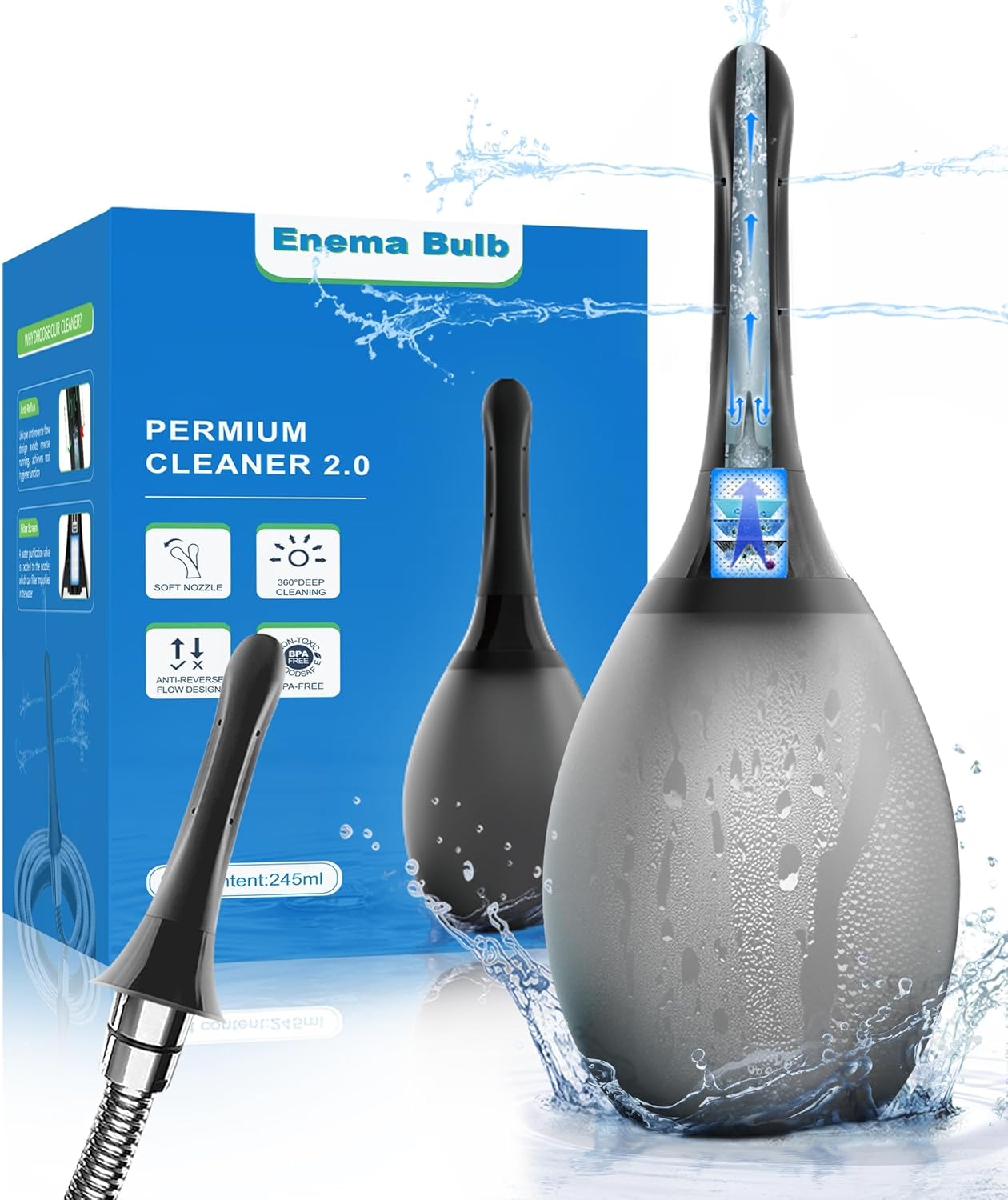 Anal Douche Enema Bulb Kit for Men - 8.3oz, Anti-Backflow & Leakproof, Flexible Silicone Tube, 7 Spouts, Shower-Connected, Portable Douche for Travel and Home, Black