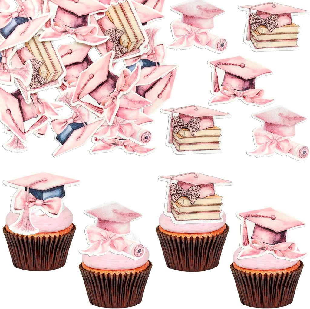 Gyufise 48Pcs Edible 2026 Graduation Cap Cupcake Toppers Diploma Party Decorations Class of 2026 Grad Cap Cupcake Picks for 2026 Graduate Theme Party Cake Food Supplies Pink
