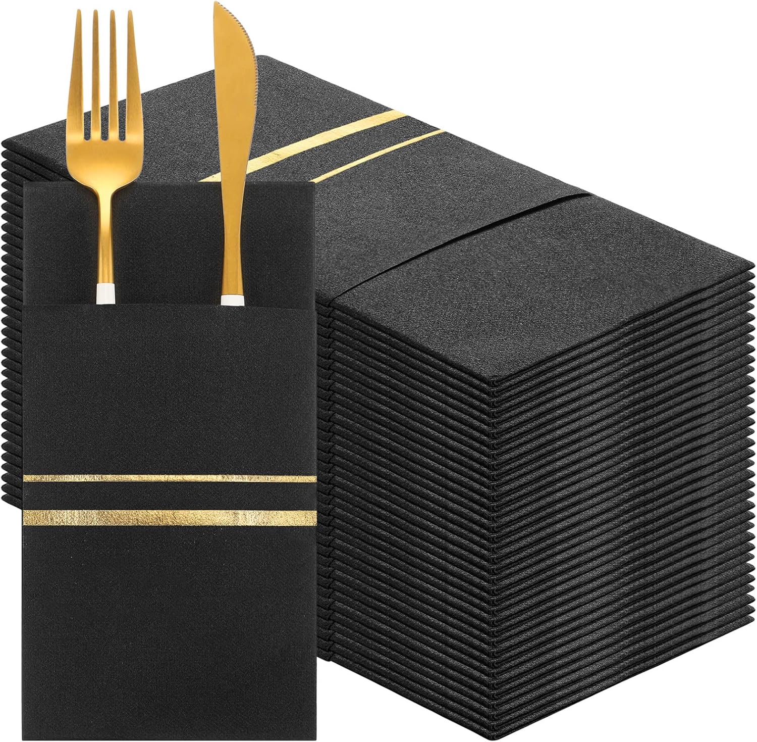 100 Pack Dinner Napkins Disposable Linen Feel Dinner Napkins with Built-in Flatware Pocket Gold Trim Lined Pre Folded Napkins Cloth Like Paper Napkins for Wedding Dinner Party (Black,Gold)