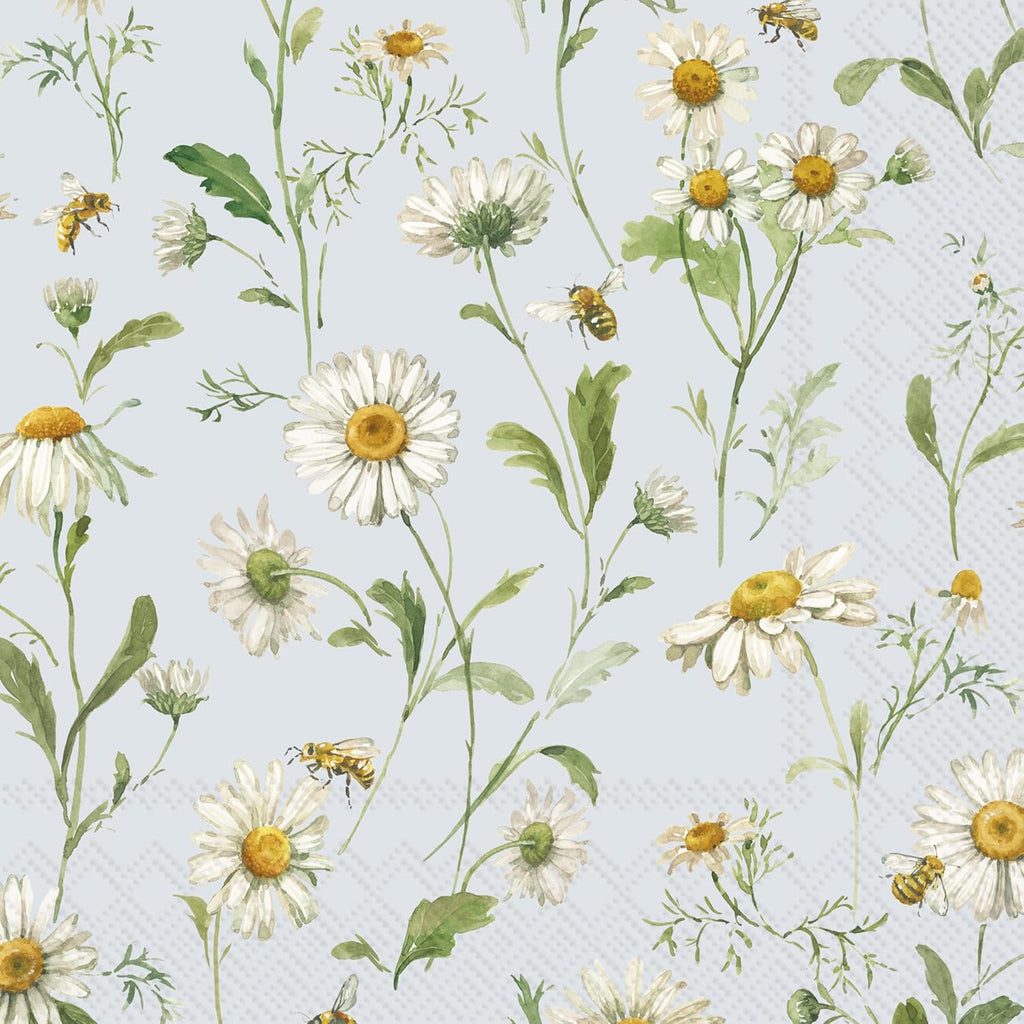 IHR Ideal Home Range Cocktail Napkins Disposable 3-Ply Paper Party Napkin Pack, 5" x 5", Daisies (Light Blue), 20-Count