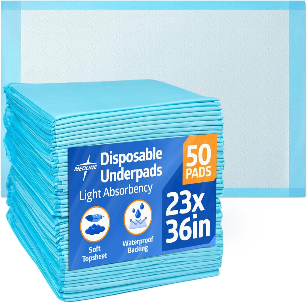 Medline Light Absorbency Underpad, 23" x 36", 50 Count, Disposable Bed, Furniture & Surface Protection, For Kids, Adults, Elderly, Puppy Pad, Changing Pad, Incontinence Pee Pad, Chucks