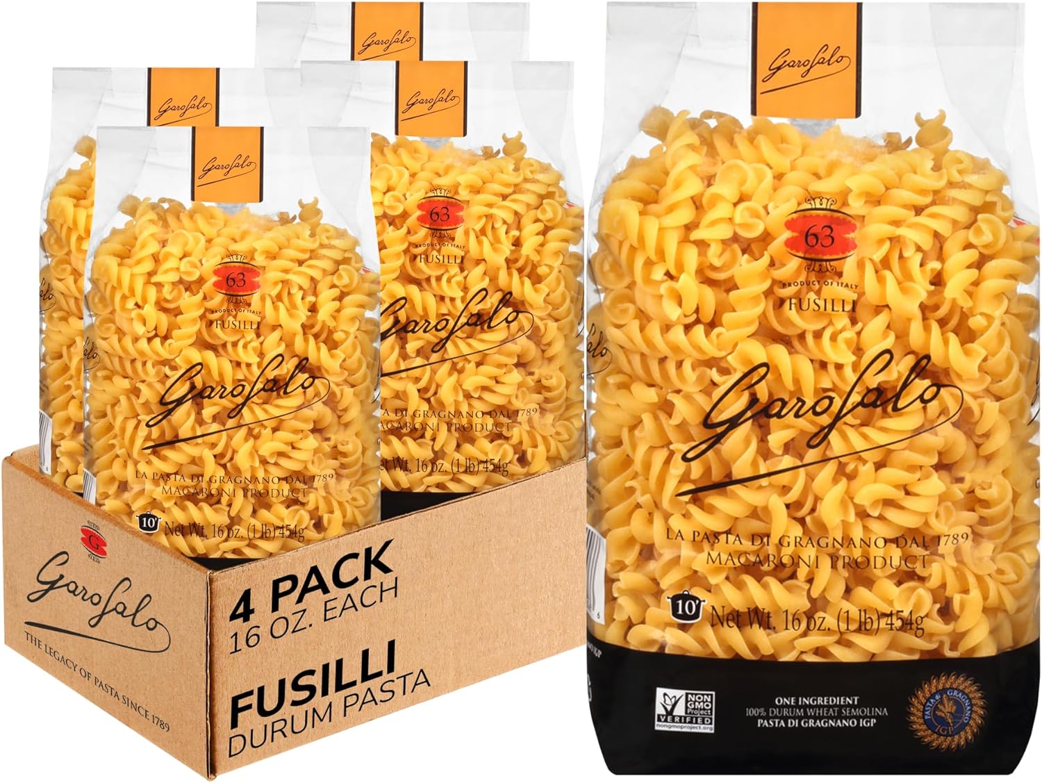 Garofalo - Premium Durum Wheat Semolina Fusilli Pasta, Italian Made, Bronze-Drawn, Al-Dente, One-Ingredient Pasta (4 pack)