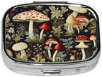 Pill Box-2 Compartment Small Pill Case Square Organizer Case with Mirror Portable Metal Medicine Box Travel Container for Pocket & Purse Women Men(Mushroom)